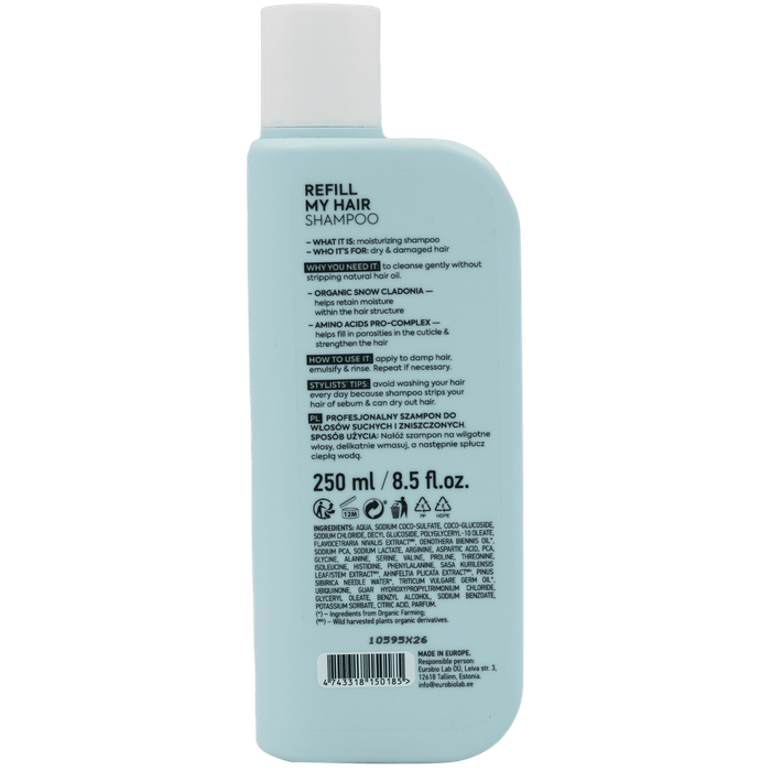 Wegański, profesjonalny szampon do włosów suchych i zniszczonych Refill My Hair, ice Professional, 250 ml