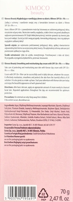 Krem do twarzy na dzień z filtrem SPF50, wygładzająco-nawilżający, Kimoco Beauty, 70g