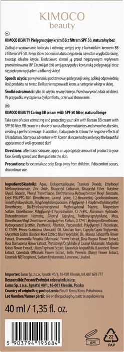 Krem do twarzy BB Natural Beige, naturalny beż SPF50, Kimoco Beauty, 40 ml