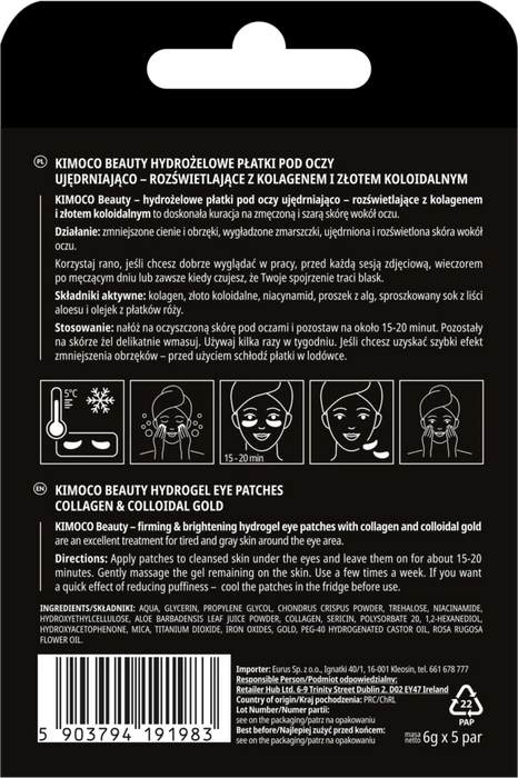 Hydrożelowe złote płatki pod oczy ujędrniająco-roświetlające, Kimoco Beauty, 10szt.