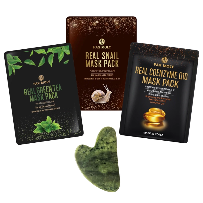 Zestaw Beauty Set 3x maseczka to twarzy + kamień Gua Sha, Pax Moly, 3x25ml + 1szt.