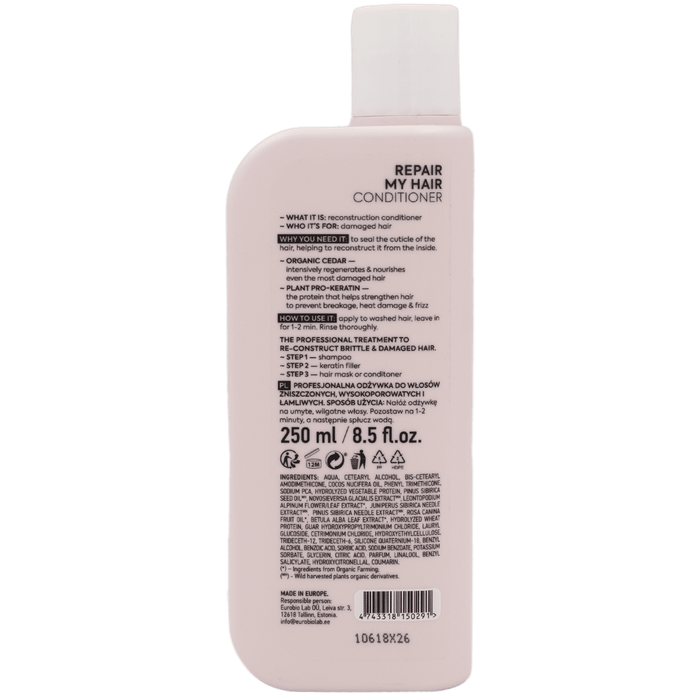 Wegańska, profesjonalna odżywka do włosów zniszczonych, wysokoporowatych, łamliwych Repair My Hair, Ice Professional, 250 ml