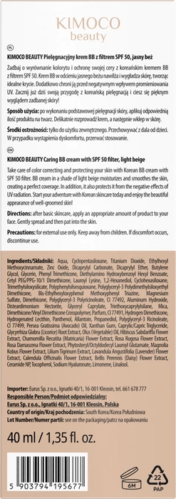 Krem do twarzy BB Light Beige, jasny beż SPF50, 40 ml, Kimoco Beauty