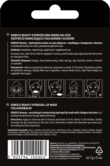 Hydrożelowa maska na usta, Kimoco Beauty, 5szt.