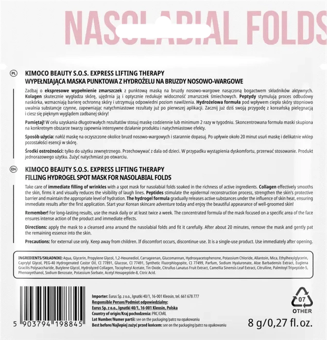 Maska punktowa na bruzdy nosowo-wargowe, z hydrożelu, wypełniająca S.O.S. Express Lifting Therapy, Kimoco Beauty, 8 g