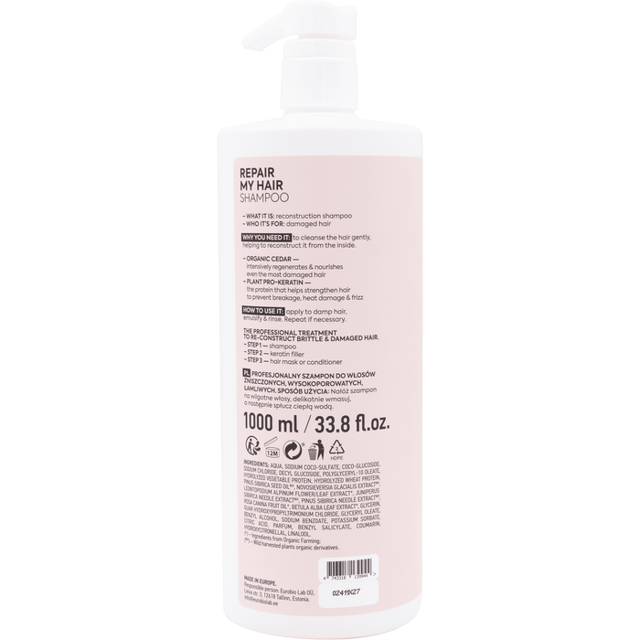 Profesjonalny szampon do włosów zniszczonych, wysokoporowatych, łamliwych Repair My Hair, Ice Professional, 1000 ml