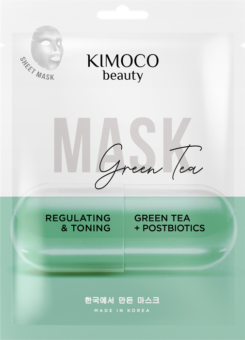 Regulująco-tonizująca maska w płachcie z ekstraktem z zielonej herbaty i postbiotykami, Kimoco Beauty, 23 ml